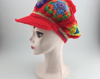 Vintage Crocheted Granny Square, Brightly Colored, Newsboy Cap