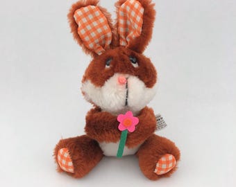 Vintage Wallace Berrie & Co., Inc. Brown And Orange Gingham Bunny, Small Easter Bunny, Wallace Berrie Easter Bunny, 1979, Made in Korea