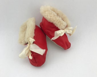 Vintage Children's Slippers, Red Leather Slippers With Faux Sheepskin Trim, Santa Boots