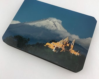 Vintage Decorative Mounted Photo On Wood, The Great Pyramid Of Cholula Souvenir Art