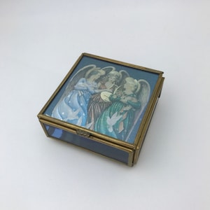 Vintage Hark The Herald Angels Sing, Glass And Brass Trinket Box, Mirrored Trinket Box