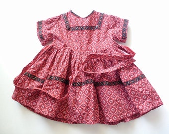 Vintage Infant's 1950's Squaw Dress, Red Print Squaw Dress With Crinoline, Bandana Print Baby Size Squaw Style Dress