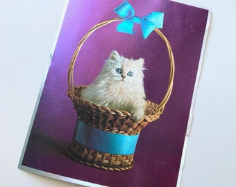 Vintage Dufex Prints, FJ Warren LTD, Hitchin Herts, Printed In England, Foil Cat Picture, Cat In An Easter Basket, Easter Cat