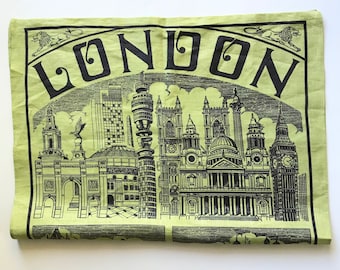 Vintage Lamont, Irish Linen, London Tea Towel, Linen London Souvenir Tea Towel, Green Linen London Tea Towel