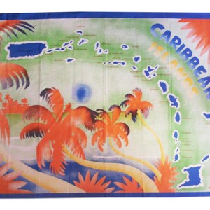 Vintage Sarong/Scarf by Jacques Rollet, Large 46 1/2&quot; x 59&quot;, Caribbean Island Theme, Tropical Sarong, Tropical Wall Hanging
