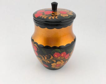 Vintage Russian Khokhloma Hand Painted Wooden Lidded Jar With Berry Design