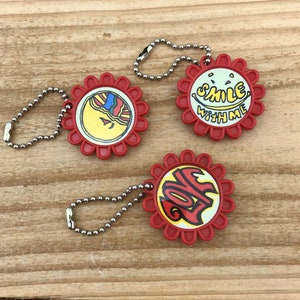 Vintage Group Of Mod Keychains, Love Keychain, Smile Keychain, Flower Shaped Keychains