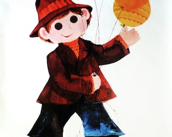 May include: Vintage poster illustration of a child holding colorful balloons. The child wears a brown hat, jacket, and pants. The word "TIVOLI" is displayed in gold lettering, with "COPENHAGEN" below.