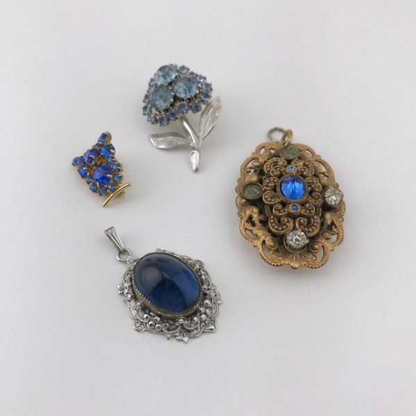 Vintage Blue Jewelry Lot, Blue Rhinestone Owl Pin, Blue And Gold Locket, Blue Rhinestone Flower Pin, Blue Stone Pendant