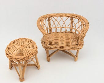 Vintage Miniature Wicker Loveseat & End Table, Boho Doll Furniture, NO DOLL