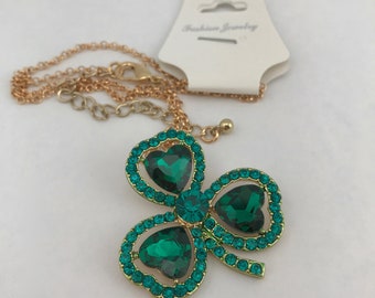 Vintage Shamrock Necklace, Sparkly Green Glass (?), Costume Jewelry Shamrock Pendant