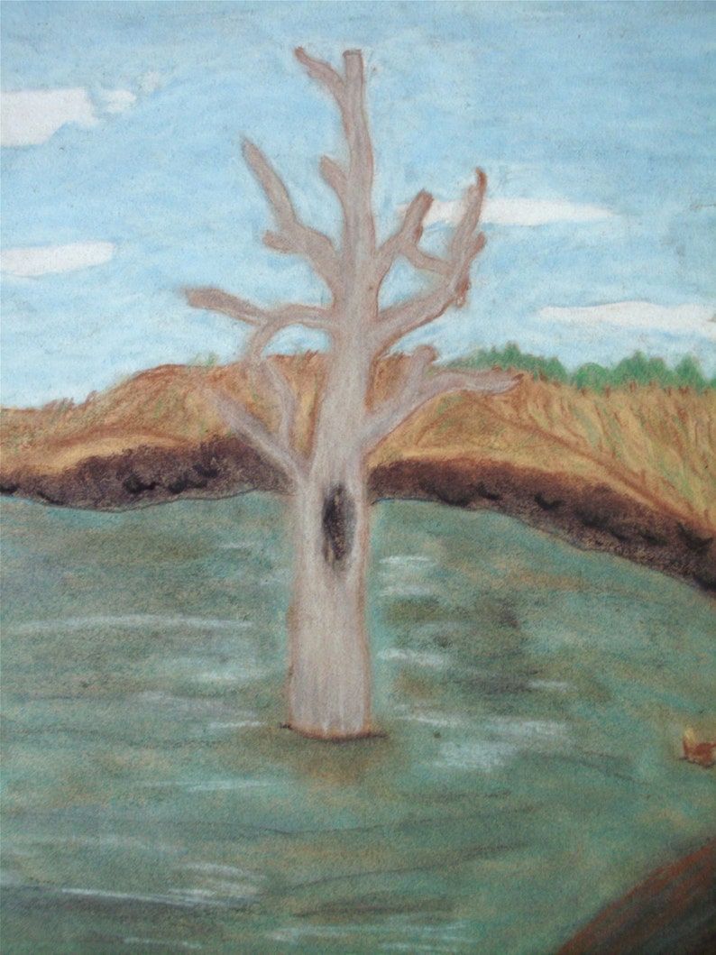 Vintage Original Art Chalk Drawing of a Tree Landscape Etsy