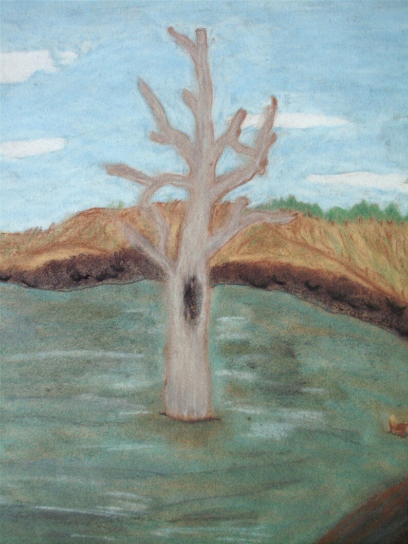 Vintage Original Art Chalk Drawing of a Tree Landscape Etsy