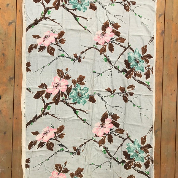 Vintage 1940's "A Tung Shan Print" Fabric, Tung Shan Pink Floral Fabric, Bark Cloth, Large Floral Print Fabric