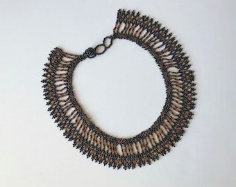 Vintage Hand Beaded Black And Brown Bead Collar/Necklace, Beaded Necklace, Black And Brown Beaded Necklace