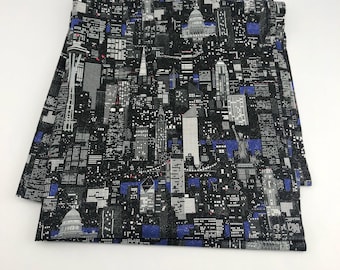 Retazo de tela vintage con silueta nocturna de Washington D.C., Seattle, Nueva York, tela con estampado de la ciudad de noche.