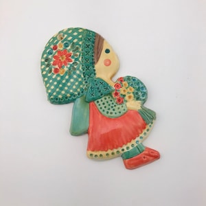 Vintage Ceramic Wall Plaque, Girl With Flowers Plaque, Wall Decor Girl
