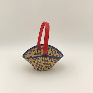 Vintage Small Basket, Woven Basket With Plastic Handle, Colorful Basket, Woven Plastic/Raffia (?) Basket