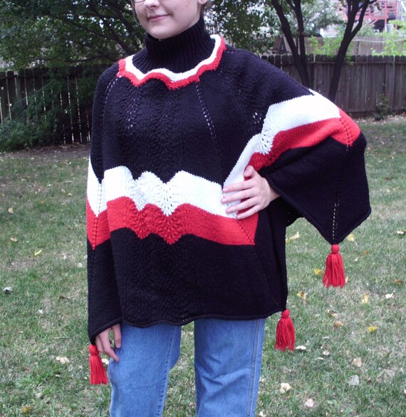 Vintage Black, Red & White Poncho, Knit Poncho, Ha