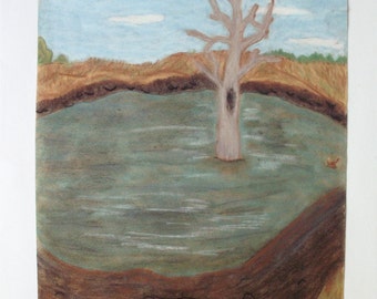 Vintage Original Art Chalk Drawing of a Tree Landscape