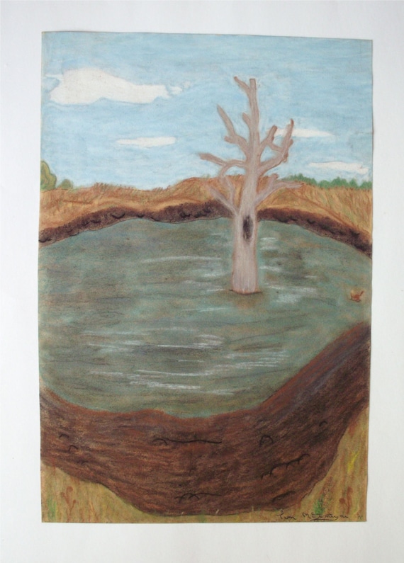 Vintage Original Art Chalk Drawing of a Tree Landscape Vintage Original Art Chalk Drawing of a Tree Landscape