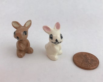 Vintage Miniature Pair Of Bunnies, Easter Bunnies, Bunny Miniatures, Brown And White Bunny Pair, Hagen Renaker