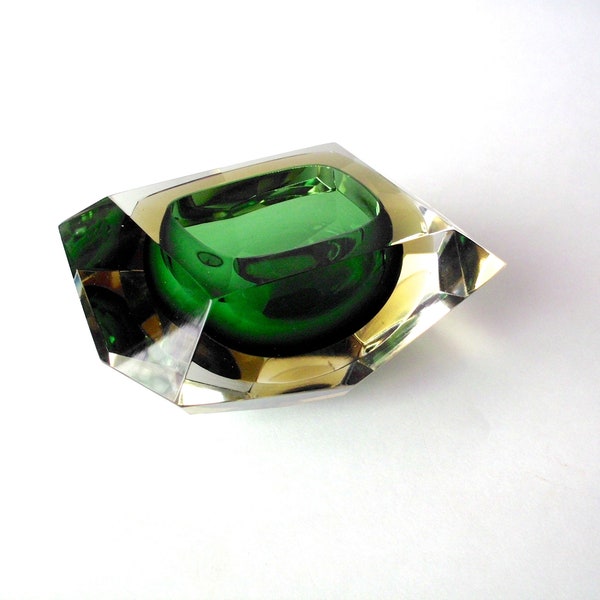 Vintage Art Glass Italian Murano(?) Green and Clear Faceted Ashtray