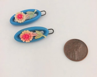 Vintage Floral Hair Barrettes: Blue Plastic with Pink Flowers