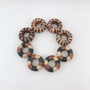 Vintage Raffia (?) Napkin Rings, Striped Napkin Rings, Brown And Navy Napkin Rings