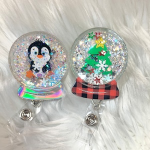 Snow Globe penguin or Christmas Tree Glitter Badge Reel | Badge Holder | Glitter Badge Reel | Christmas | Shaker