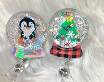 Snow Globe penguin or Christmas Tree Glitter Badge Reel | Badge Holder | Glitter Badge Reel | Christmas | Shaker