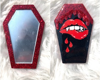 Vampire Black and Red Glitter Coffin Compact Mirror | Drip Glitter Mirror | Travel Mirror