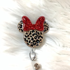 Leopard Minnie Glitter Badge Reel | Badge Holder | Id Holder | 3D Minnie Bow | Gold Glitter Leopard