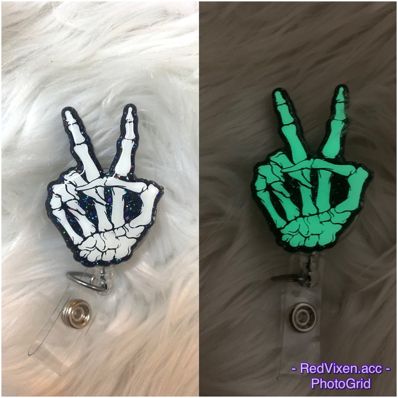 Glow Peace Sign Skeleton Badge Reel | Glow in the Dark | X-Ray Tech | Skeleton Hand | Galaxy Glitter 