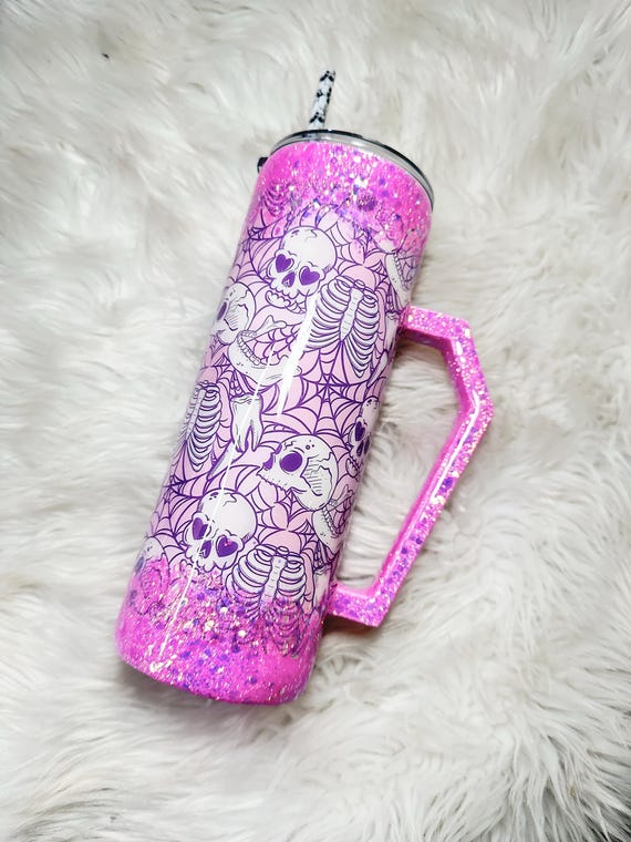 Pink Halloween with coffin handle 24oz Tumbler | 3D Tumbler | halloween tumbler | skeleton