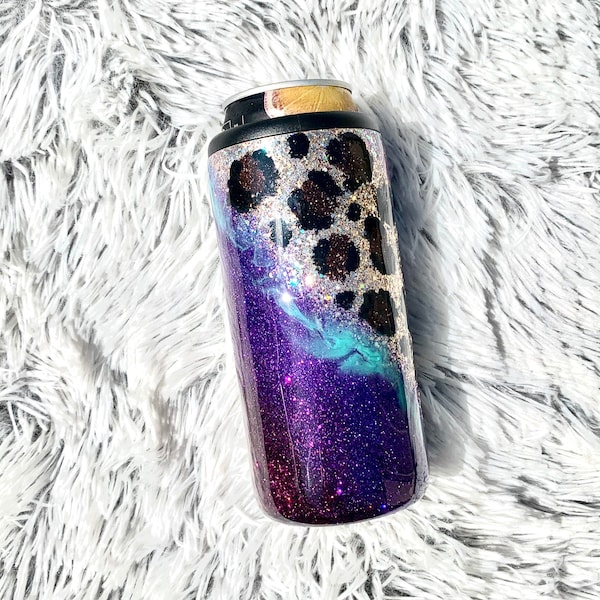 Violet Gypsy Glitter Slim Can Cooler | Leopard swirl | Purple Leopard Glitter Skinny Can Cozie | Slim Can Cooler