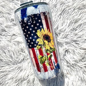 Crackle American Flag Tumbler | Sunflower Tumbler | Blue and white Crackle