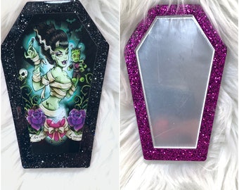 Bride of Frankenstein Glitter Coffin Compact Mirror | Pin Up | Travel Mirror | Grey and Purple