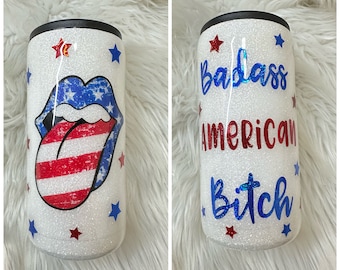Badass American Bitch Glitter Skinny Can Cooler | Slim Can Coozie | Glitter Skinny Can Cozy | Red, White and Blue Slim Can