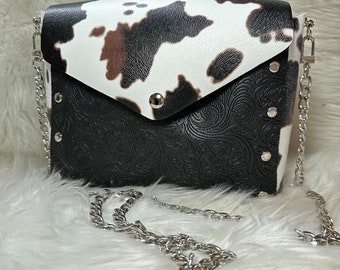 Black and White Cow Print Faux Leather Purse | Crossbody Purse | Cowhide print | embossed faux leather