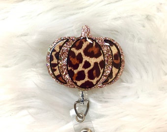Rose Gold and Leopard Glitter Pumpkin Badge Reel | Fall Pumpkin | Holiday Badge Holder