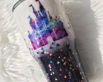 Vaso de acero inoxidable con purpurina y diseño de castillo de Disney para acuarela, con purpurina de Mickey