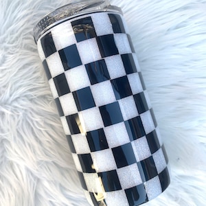 White and black glitter checkered 4in1 Tumbler | Slim Can Cozie | Bottle Cozie | 12oz Can Cooler