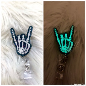 Glow Rock On Skeleton Badge Reel | Glow in the Dark | X-Ray Tech | Skeleton Hand | Galaxy Glitter | Devil Horns