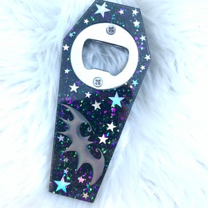 Coffin Glitter Bottle Opener | Purple, Green and Black glitter | Holographic Bat | Holographic Stars
