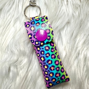 Rainbow Leopard Lipstick Holder | Chapstick Keychain | Faux Leather