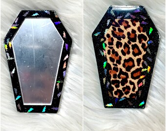 Black Glitter Coffin Compact Mirror | Leopard Glitter Mirror | Black and lightning bolt Glitter Coffin Mirror