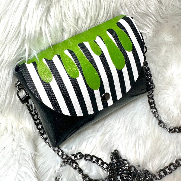 Glitter Beetlejuice inspired Faux Leather Purse | Small Crossbody Purse | black and white stripes