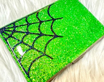 Green Glitter Business card holder | Wallet | Card Holder | Credit Card Holder | Black Holographic Spiderweb