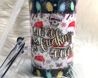 I’m So Freaking Merry glitter 4in1 Tumbler | Skinny can coozie, Bottle Coozie